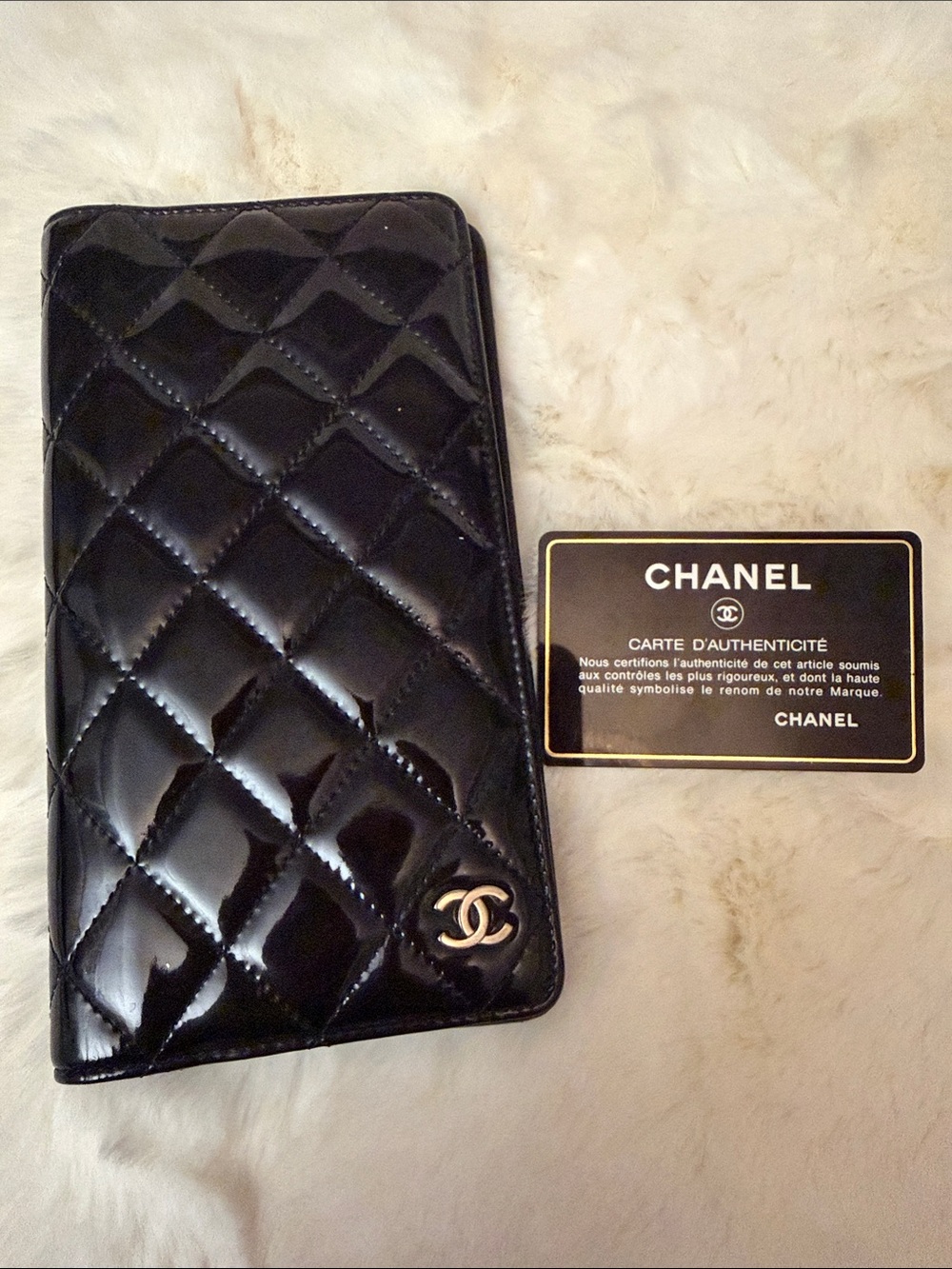 CHANEL Black Quilted Patent Leather Wallet with Silver CC Emblem